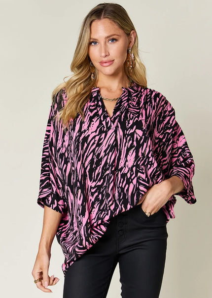 Abstract Zebra Print V-Neck Blouse – Pink & Black