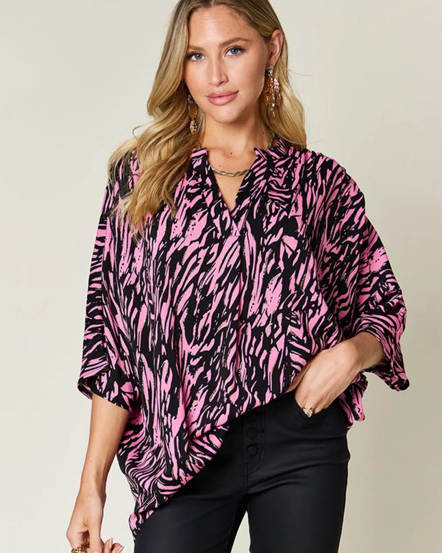 Abstract Zebra Print V-Neck Blouse – Pink & Black
