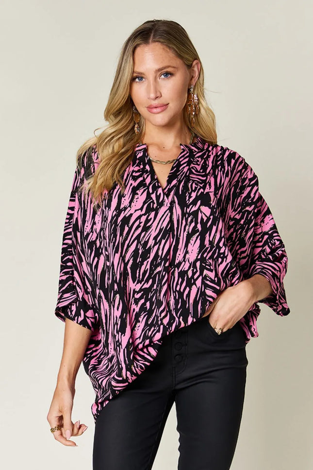 Abstract Zebra Print V-Neck Blouse – Pink & Black