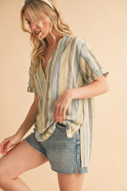 Side Slit Striped V-Neck Boho Blouse – Soft Pastel Cotton Top
