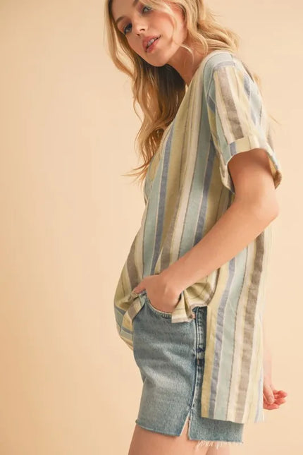 Side Slit Striped V-Neck Boho Blouse – Soft Pastel Cotton Top