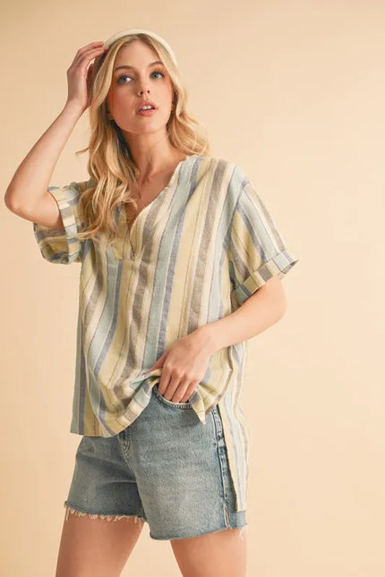 Side Slit Striped V-Neck Boho Blouse – Soft Pastel Cotton Top