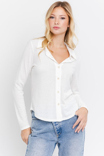Button-Up Collared Knit Top – White