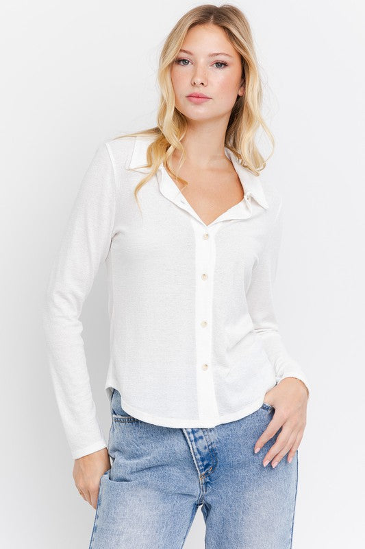 Button-Up Collared Knit Top – White