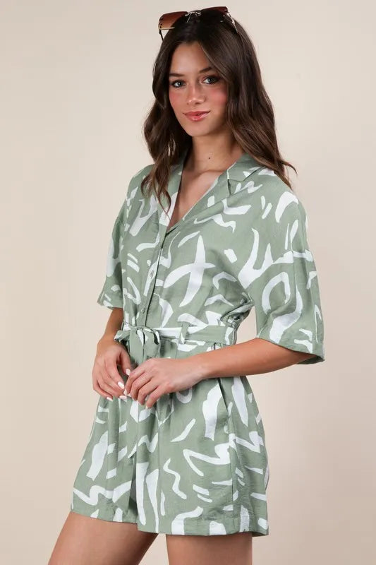 Abstract Print Tie-Waist Button-Up Romper – Sage Green