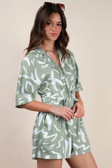 Abstract Print Tie-Waist Button-Up Romper – Sage Green