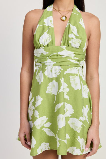 Floral Print Halter Neck Mini Dress - Olive Green