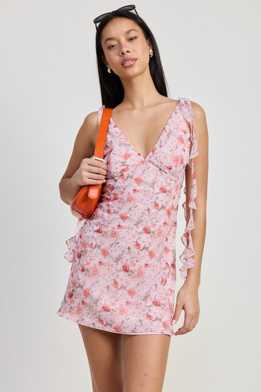 Floral Print Ruffle Mini Dress - Pink