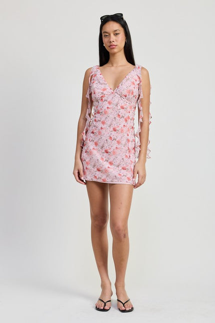 Floral Print Ruffle Mini Dress - Pink