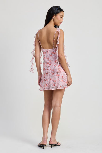 Floral Print Ruffle Mini Dress - Pink