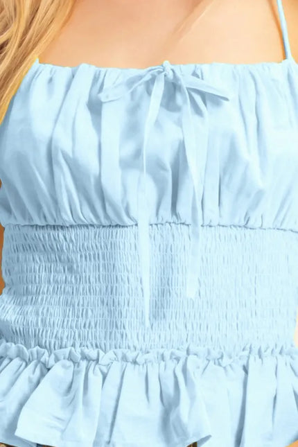Poplin Smocked Ruffle Hem Cami Top – Light Blue