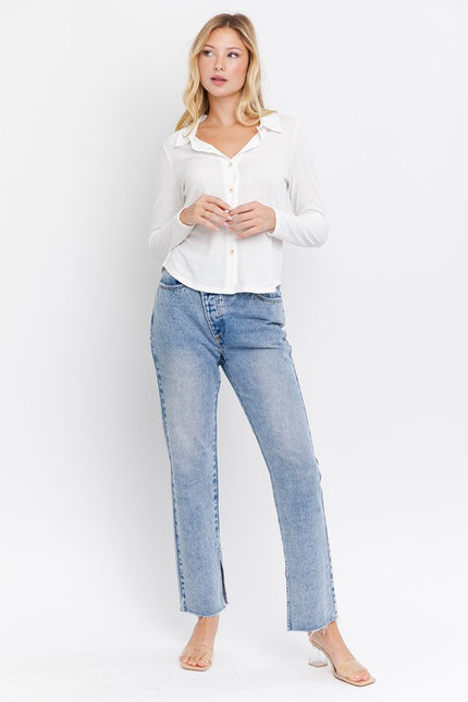 Button-Up Collared Knit Top – White