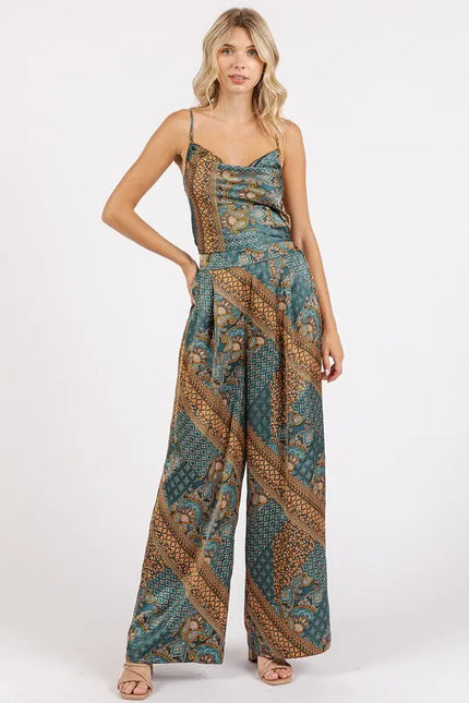 Paisley Satin Cowl Neck Cami Crop Top – Teal Green
