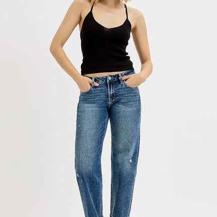 Front view of full size low rise crop boyfriend jeans for plus size women
