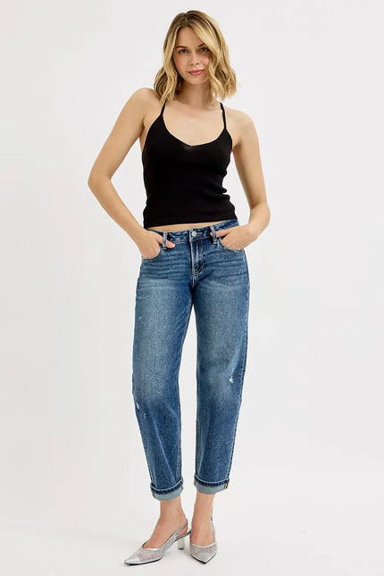 Front view of full size low rise crop boyfriend jeans for plus size women