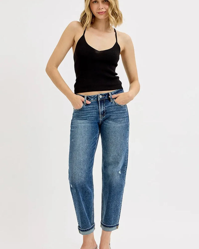 Front view of full size low rise crop boyfriend jeans for plus size women
