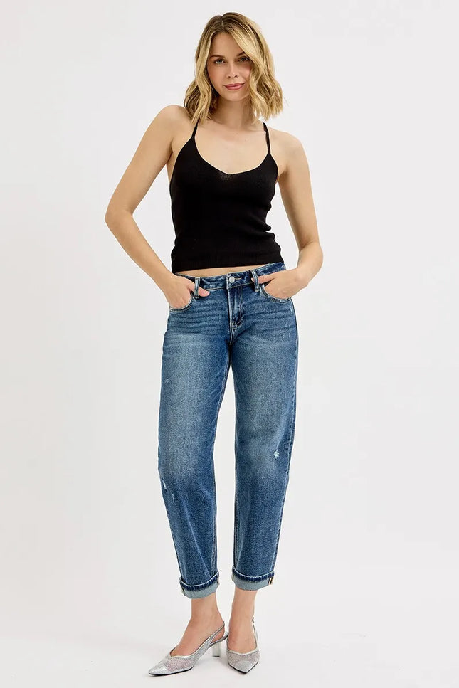 Front view of full size low rise crop boyfriend jeans for plus size women