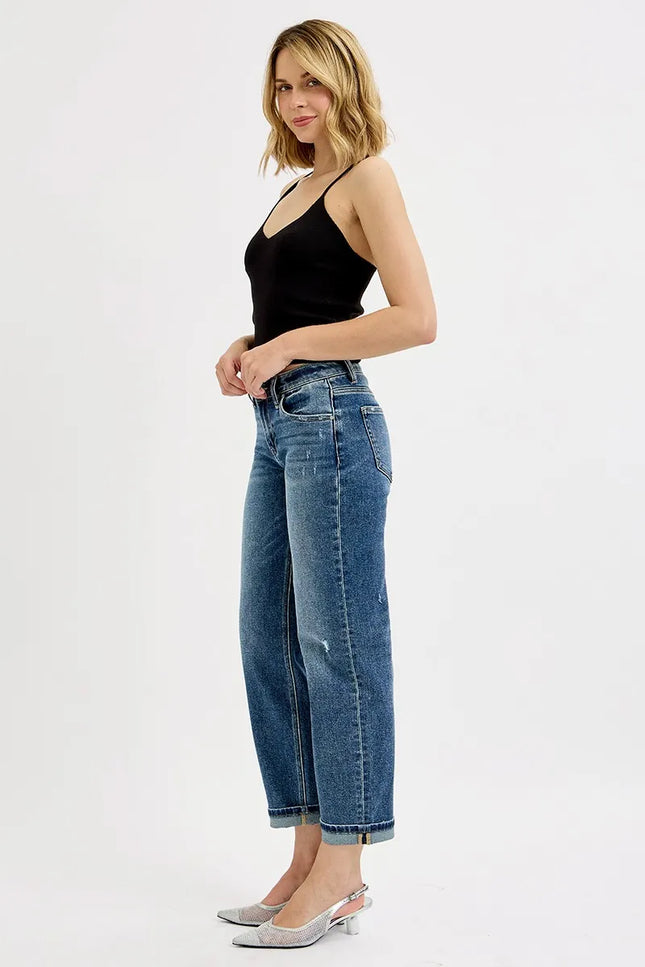 Side view showing cropped leg and relaxed fit of plus size boyfriend jeans
