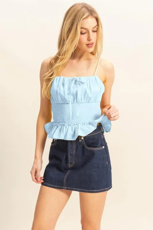 Poplin Smocked Ruffle Hem Cami Top – Light Blue