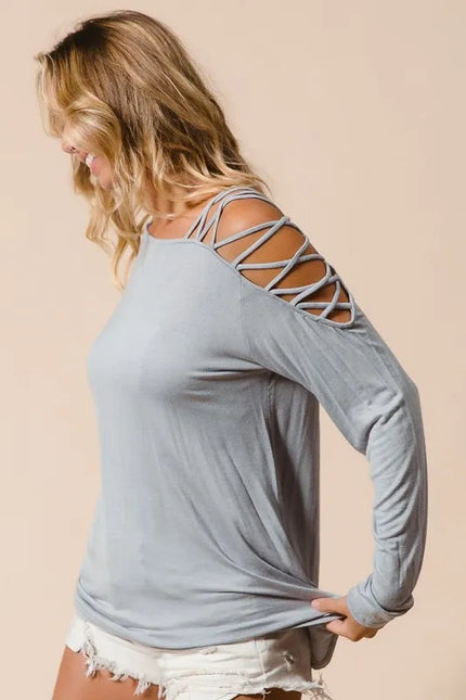 Strappy Cold Shoulder Long Sleeve Top – Light Grey