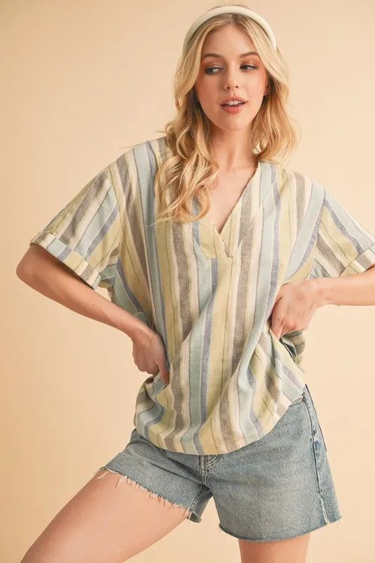 Side Slit Striped V-Neck Boho Blouse – Soft Pastel Cotton Top