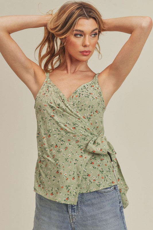 Floral Wrap Tie Cami Top – Sage Green