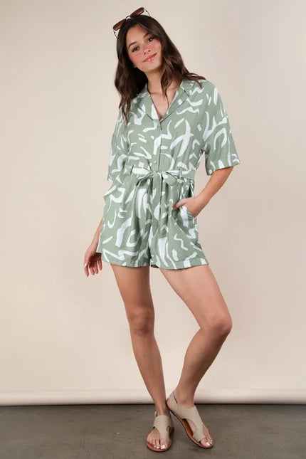 Abstract Print Tie-Waist Button-Up Romper – Sage Green