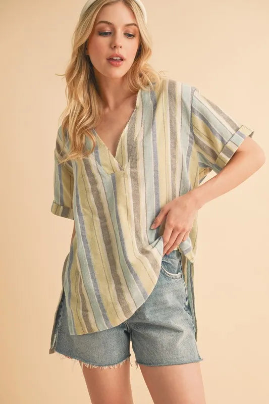 Side Slit Striped V-Neck Boho Blouse – Soft Pastel Cotton Top