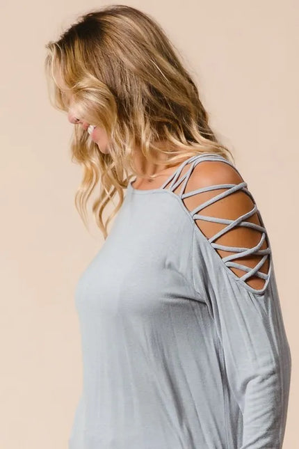 Strappy Cold Shoulder Long Sleeve Top – Light Grey