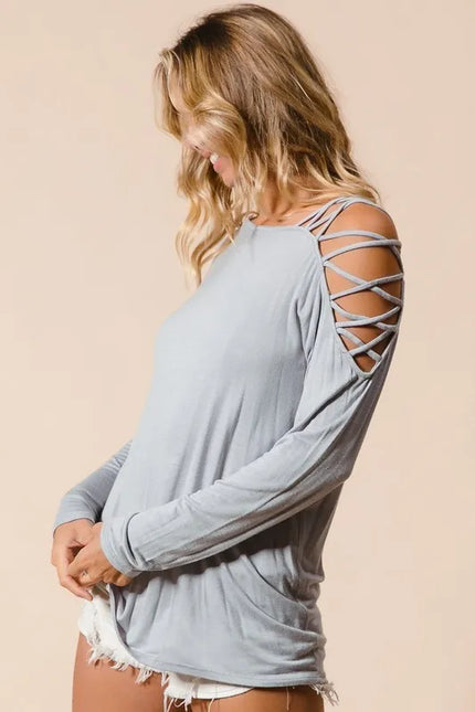 Strappy Cold Shoulder Long Sleeve Top – Light Grey