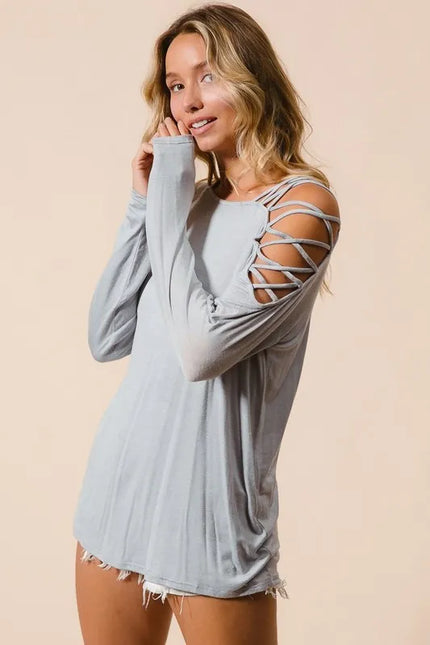 Strappy Cold Shoulder Long Sleeve Top – Light Grey
