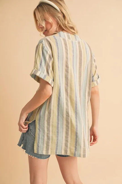 Side Slit Striped V-Neck Boho Blouse – Soft Pastel Cotton Top