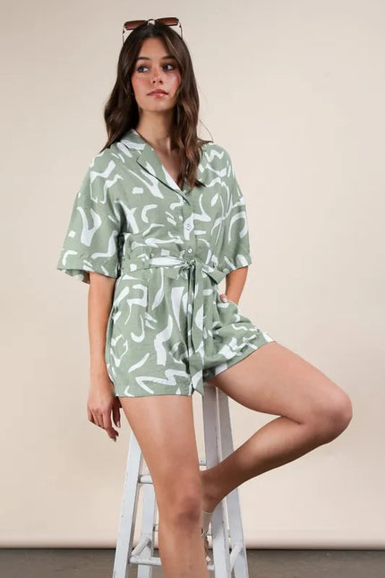Abstract Print Tie-Waist Button-Up Romper – Sage Green