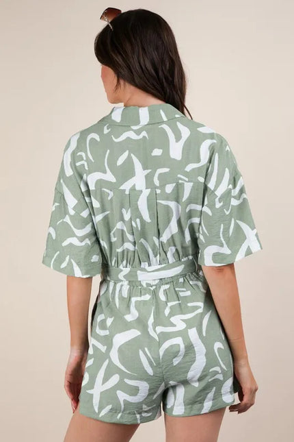 Abstract Print Tie-Waist Button-Up Romper – Sage Green