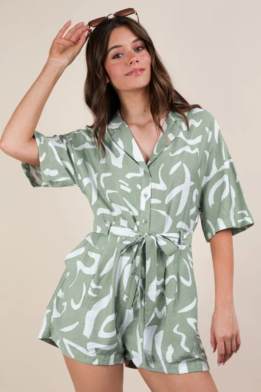 Abstract Print Tie-Waist Button-Up Romper – Sage Green