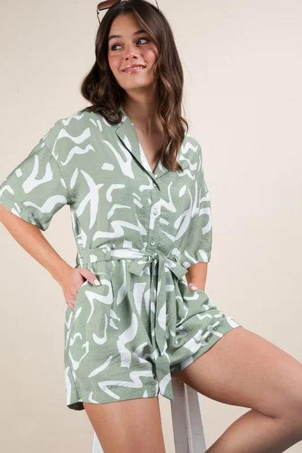 Abstract Print Tie-Waist Button-Up Romper – Sage Green