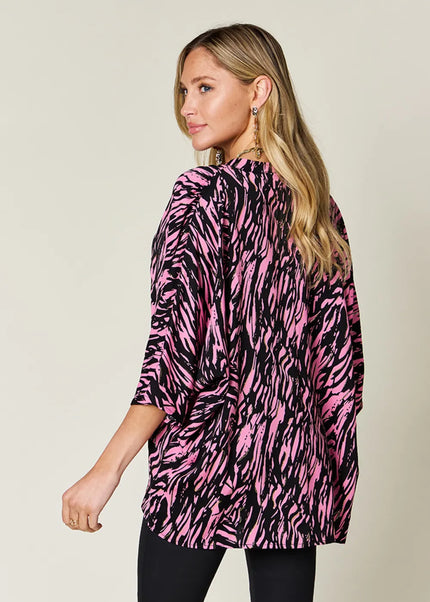 Abstract Zebra Print V-Neck Blouse – Pink & Black
