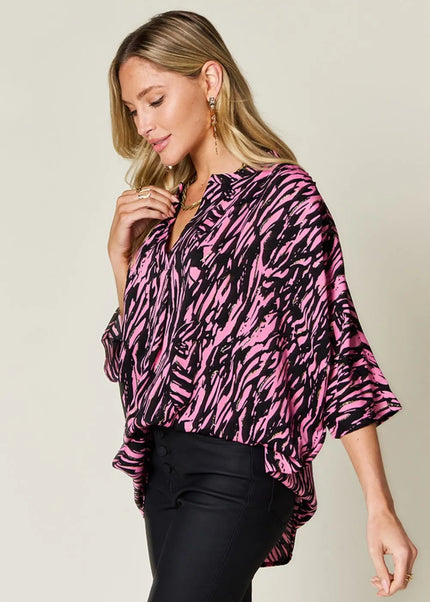 Abstract Zebra Print V-Neck Blouse – Pink & Black