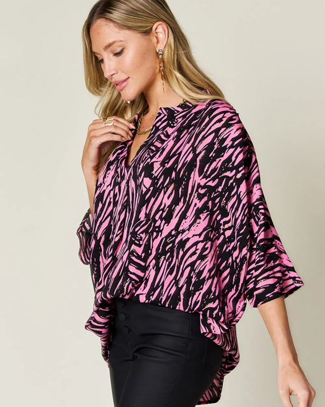 Abstract Zebra Print V-Neck Blouse – Pink & Black