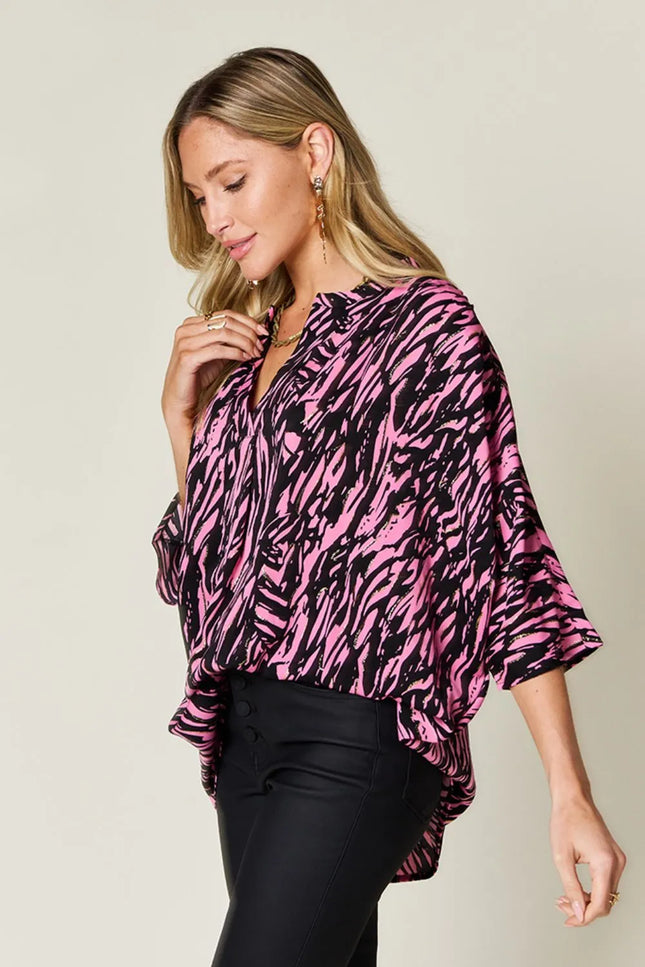 Abstract Zebra Print V-Neck Blouse – Pink & Black