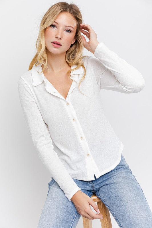 Button-Up Collared Knit Top – White
