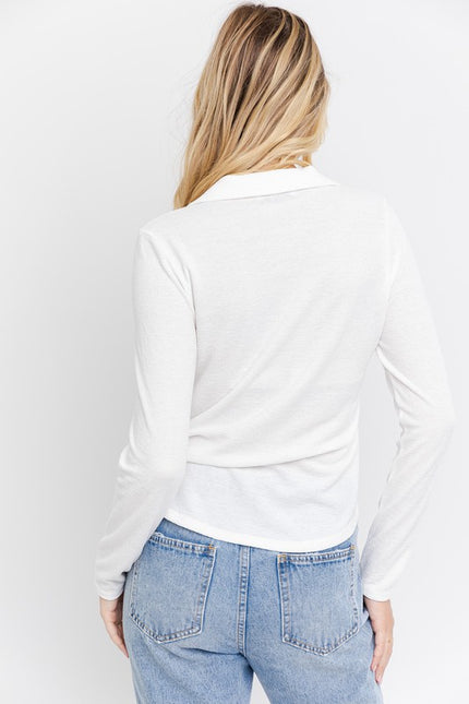 Button-Up Collared Knit Top – White