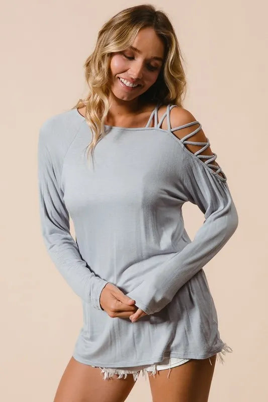 Strappy Cold Shoulder Long Sleeve Top – Light Grey