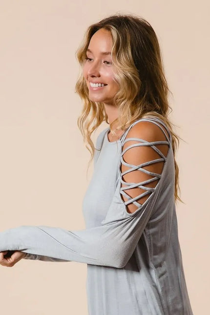 Strappy Cold Shoulder Long Sleeve Top – Light Grey